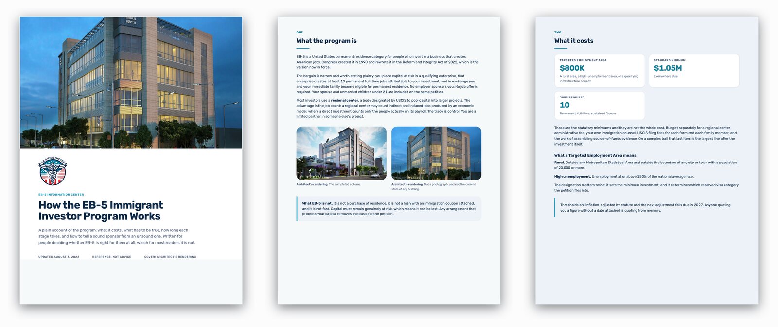 The first three pages of the investor briefing: the cover, what the program is, and what it costs.